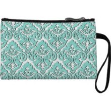 Green White Vintage Damask Floral Wristlet Clutch