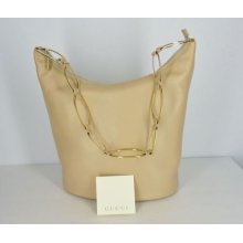 Gucci Shoulder Bag Handbag Bucket Purse Leather Tan Large Gold Straps Vtg