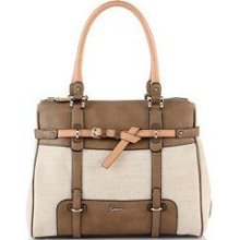 Guess Avera Canvas Medium Satchel Handbag In Taupe/beige Multi-nwt