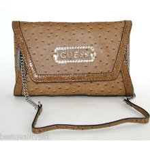 Guess Marciano Melina Cognac Ostrich Leatherette Chain Shoulder Hand Bag