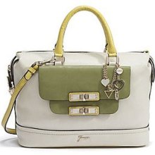 Guess Siggi Large Box Satchel Handbag Purse Stone Off White Green Multi