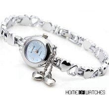 Heart Charms Alloy Bracelet Women Girls Gift Wrist Quartz Watch Blue Dial