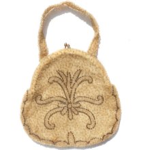 Heavily Beaded Belgium Purse Evening Bag Style - Champagne Color Satin Dark Motif Antique Vintage for Evening and Formal Hand Made