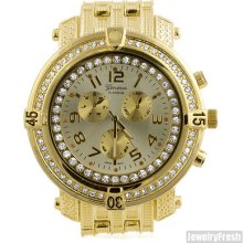 Heavy Military Size Hip Hop Style Mens Iced Out Watch Gold Finish