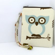 Hootie Owl Wristlet Purse iPhone Clutch iPod Case Cell Phone Pouch Padded Pale Blue