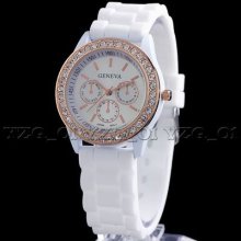 Hot Lady Woman Jelly Crystal Round Face Silicone Quartz Wrist Watch Watches