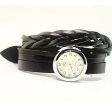 Hot Round Case Punk Slim Leather Long Weave Strap Women Watch Black