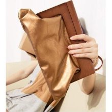 Hot Women Golden Leather Wooden Handle Clutch Handbag Evening Party Bag Z028