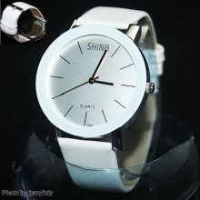 I Line Pointer Sign Classic Automatic Time White Leather Band Read Quartz Watch