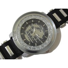 Iced Out Bling Bling Map On Dial Rubber Band Men's Watch Silver / Black