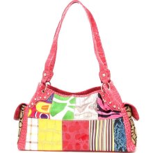 Inspired Fuchsia faux Crocodile Embossed Multi-colors Metal Studs Patchwork Pockets Pink L Satchel Bag Handbsag Purse