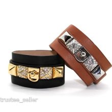 Juicy Couture Swarvoski Crystals Pave Studs Wide Leather Wrap Bracelet Cuff