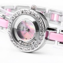 Kimio Bling Pink Crystal Bracelet Women Lady Steel+plastic Bangle Quartz Watch