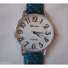 Ladies Aqua Blue Geneva Platinum Lg Number Watch