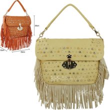 Ladies Beige Rock Chic Bag Leather Style Goth Tassel Stud Handbag Shoulder Bag