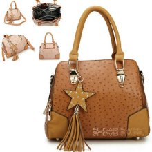 Ladies Brown Fx Ostrich Leather Style Tassel Star Designer Shoulder Bag Handbag