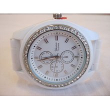 Ladies Geneva Chronograph Watch, Gemstone Bezel/silicone Band + Fossil Box