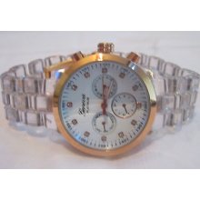 Ladies Geneva Chronograph Watch, Clear Acrylic Band And Coppertone Bezel