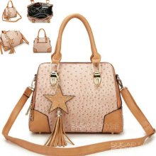 Ladies Pink Faux Ostrich Leather Style Tassel Star Designer Shoulder Bag Handbag