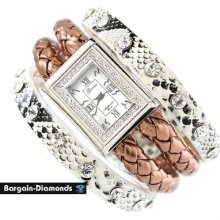 Ladies Usa Western White Snakeskin Gold Braid Designer-style Fashion Watch