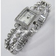 Ladies Watch By Henley, Double Strand Real Crystal Bracelet Cocktail Watch, Silv
