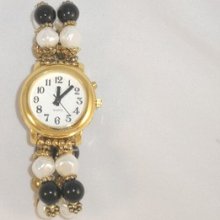 Ladiestalking Wrist Watch Gold Tone W/beaded Band For The Blind Or Low Vision