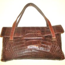 Large Brown Alligator Satchel - Ca. 1950's - Two Handled - Supple & Clean