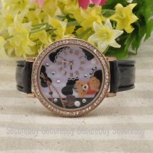 Leather Belt Embossed Winnie Necklace Diamond Dial Woman Quartz Wrist Watch