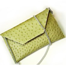 Lime Green Envelope Clutch Bag in Leather Like A Ostrich Skin with metal chain