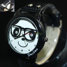 Lovely Panda Eye Classic Automatic Time Black Leather Band Read Quartz Watch