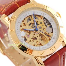 Luxury Golden Hq Skeleton Automatic Watch Mens Brown Leather Deluxe Gift Rare