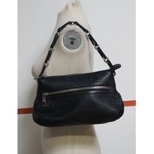 Marc Jacobs Black Leather Metal And Leather Strap Top Zip Small Hobo Purse B635