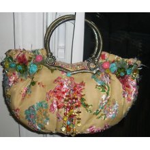 Mary Frances Spring/summery Creamy & Multi Color Floral Beaded Purse Handbag