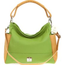 MEDICHI Italian Made Pebbled Leather Hobo Bag - Apple Green & Beige