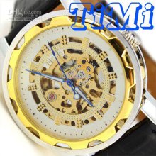 Men 2012 Hotsale Watch Steel Automatic Gold Skeleton Chronograph New