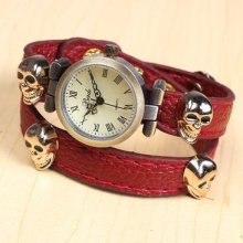 Men Lady Kids Unique Skull&crossbones Red Leather Band Gift Wrist Watch Classic