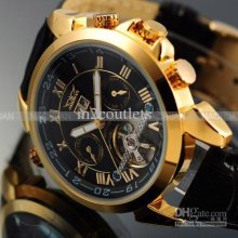 Mens Automatic Mechanical Watch Auto Gold Case Wrist Watches Tourbil