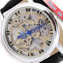 Mens Light Gold Carve Dial Handwind Mechanical Watch Silver See Through Strap