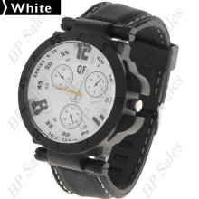 mens new QF quartz military style watch white face w/black finish & rubber band