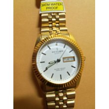 Men's Optimo Gold Watch Metal Band White Dial Waterproof 3atm Day & Date Nice