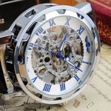 Mens Silver Steel Case Design Skeleton Dial Mechanical Leather Wrist Watch