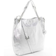 Michael Kors Silver Leather Jet Set Charm Chain Shoulder Tote Authentic