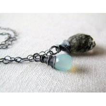 Midnight Dream. Black Rutilated Quartz Aqua Chalcedony Necklace Oxidized Sterling Silver AAA Grade