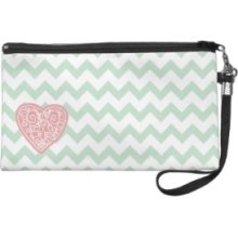 Mint Green & White Chevron with Pink Swirly Heart Wristlet Purses