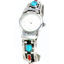 Navajo Crafted Sterling Silver Coral And Turquoise Ladies Watch Bracele Lb1002tc