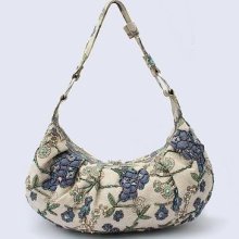 Navy Blue Chinese Women's Linen Beaded Embroidery Handbag Shoulder Bag Flowers