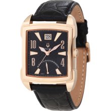 New BULOVA Adventurer Mens Analog Square Steel Gold-Tone Watch Black Leather - Leather - Black