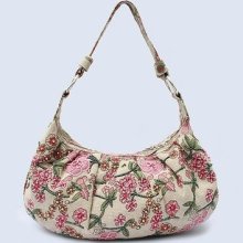 Noble Pink Chinese Women's Linen Beaded Embroider Handbag Shoulder Bag Flowers