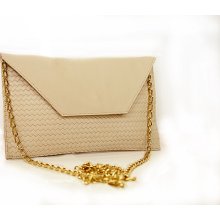 Nude & Braided Leather envelope clutch bag with metal gold chain