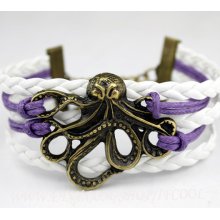Octopus Charm Bracelet in Antique Bronze - Angry Octopus Charm Bracelet - Wax Cords and Leather Friendship Gift - Best Gift